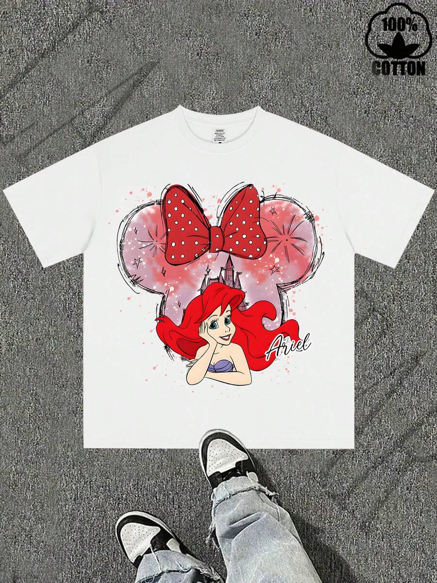 Disney Authorized Ariel Castle Bow Graphic T-Shirt, Cute Casual Style, Ultra Soft Lightweight Fabric, Perfect For Theme Park Visits And Daily Wear, Unisex - trắng - Xem 1