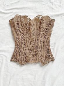 Corset ajustado de dos capas con diseño vanguardista y sexy, propio de vacaciones, para jóvenes de estilo europeo y americano, en color caqui con bordado calado - Marrón - Ver 6