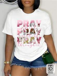 Camiseta Inspiradora "Orad Por Ella, Orad Sobre Ella, Orad A Trav←s De Ella" | Camiseta Casual de Manga Corta con Cuello Redondo, Letras Rosadas y Detalle Floral, Mezcla El£stica, Lavable a M£quina, Camiseta Cmoda para Todas las Estaciones para Adultos, Adolescentes, Outfit Diario - Blanco - Ver 2