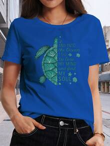 Camiseta casual clásica para mujer, estampada con las palabras "media tortuga marina, media letras" - top de manga corta con cuello redondo y transpirable, de tela de poliéster ligera, adecuada para primavera, verano y otoño, ropa casual. Bestseller. - Azul - Ver 7