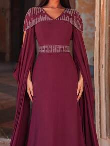 Vintage Crystal Decor Extra Long Sleeve Chiffon Formal Dress/Maxi Dress/Mid-Length Dress - Burgundy - View 5