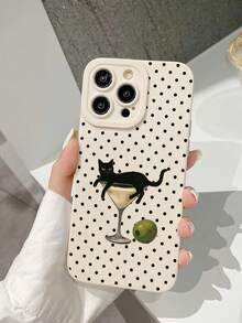 1 pieza Funda de teléfono con diseño de gato pintado con puntos y borde recto perforado, compatible con iPhone/Galaxy - Multicolor - Ver 3