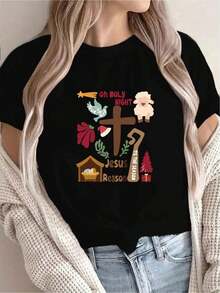 SimpieAndVersatileDesign[Recomendación de Nueva Llegada] Camiseta estampada con temática navideña, ropa casual para mujer, ideal para vacaciones, manga corta con cuello redondo, primavera/verano, lavable a máquina, ropa nueva para mujer, versátil para salir, efecto adelgazante, camiseta deportiva para mujer, camiseta casual para mujer. Camiseta de algodón - Negro - Ver 6