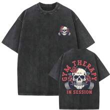 Playera oversize divertida para hombre y mujer estilo vintage lavado estampado de esqueleto y gimnasio para entrenamiento casual fitness chicas ropa de hombre camiseta de mujer blusas para mujer algodon duradera uso diario con envio nacional - Beis - Ver 4