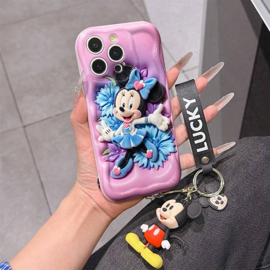 Disney Minnie Mouse Phone Case With Minnie Charm And Lanyard - Cute Minnie Protective Case With Blue Floral Dress And Pink Background Design, Equipped With Delicate Minnie Decorative Lanyard And Beaded Bracelet For Easy Carrying, Compatible With IPhone 17, 16, 15, 14, 13, 12, 11 Pro Series, Ideal For Birthdays, Holidays, Anniversaries, Graduation Gifts, Or Any Special Occasion To Surprise Family, Friends, Classmates, And Loved Ones. - 白色 - 查看 1