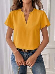 Camisa de mujer de unicolor con escote en V entallado y manga corta, informal y adecuada para el trabajo, blusas de manga corta - Amarillo - Ver 6