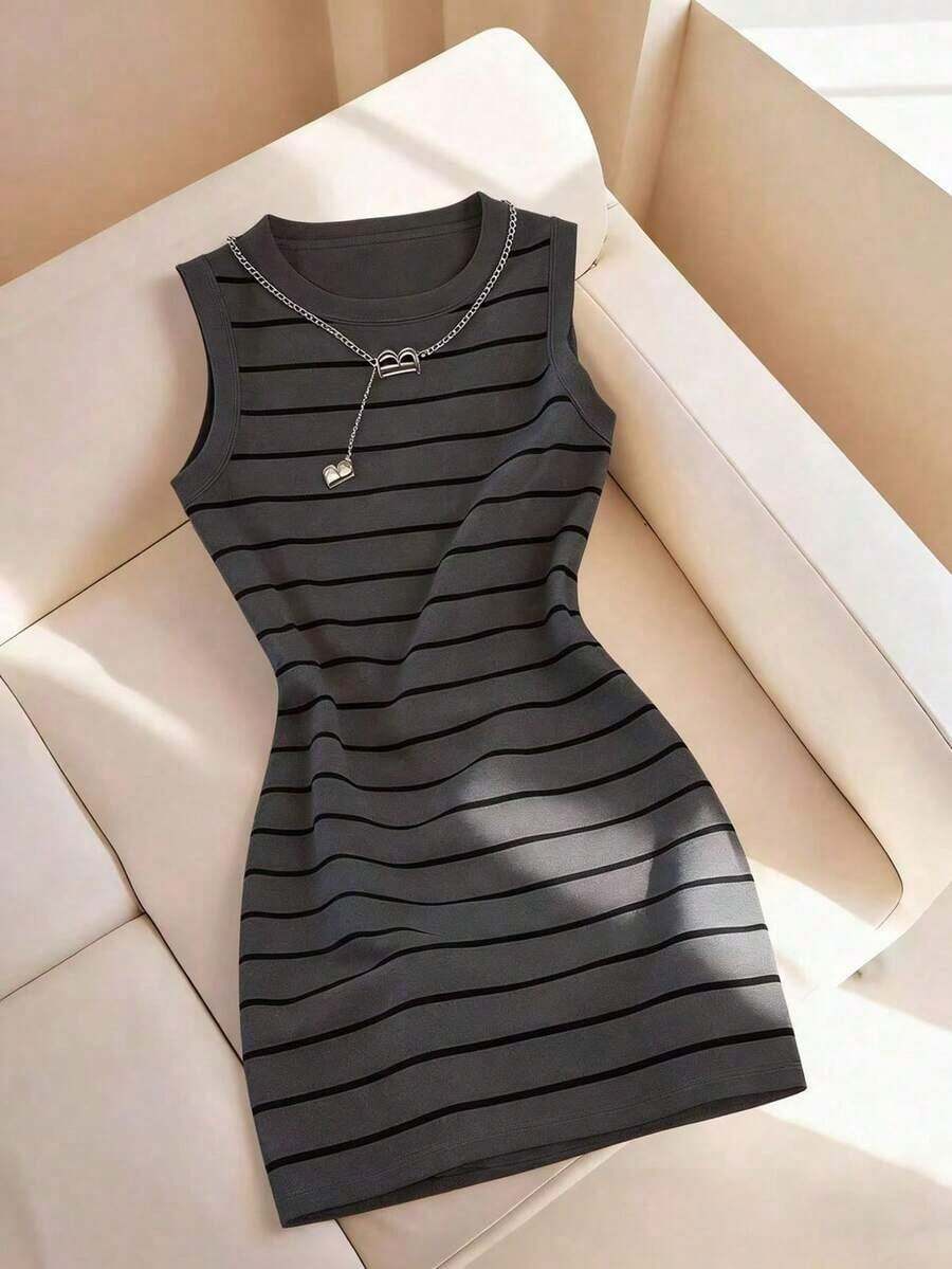 Vestido de mujer de cuello redondo ajustado sin mangas con estampado de rayas, primavera/verano - Multicolor 4 - Ver 1