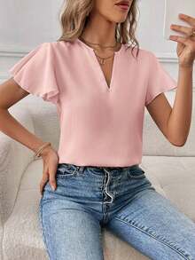 Camisa de mujer de unicolor con escote en V entallado y manga corta, informal y adecuada para el trabajo, blusas de manga corta - Rosa Pálido - Ver 1