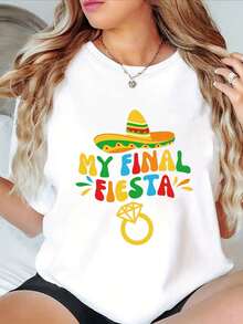 Camiseta de Mujer con Estampado de Letras "My Final Fiesta" Estilo Mexicano para Despedida de Soltera, Manga Corta, Cuello Redondo, Top Casual para Verano y Primavera, Ropa de Mujer - Blanco - Ver 8