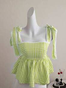 Camiseta de tirantes con volantes y lazo a cuadros linda para mujer - Verde - Ver 3