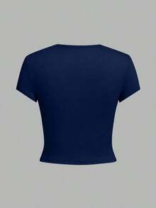Camiseta de mujer de verano nueva, de corte slim, de cuello redondo y manga corta, top de moda para uso diario y vacaciones. Top de camiseta de mujer. - Azul marino - Ver 7