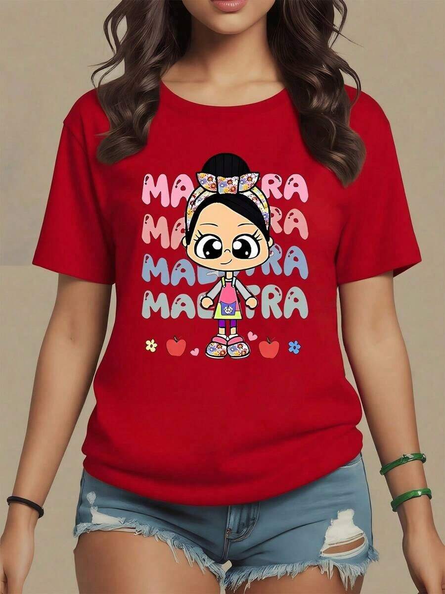Illustration Of A Master Cartoonist With A Floral Bow And Apples, A Symbol Of Knowledge And Tenderness, Women's T-Shirt, 100% Soft And Comfortable Cotton - Unisex Short-Sleeved T-Shirt, Round Neck, Urban Vintage Style, 100% Pure Cotton. - 紅色 - 查看 1