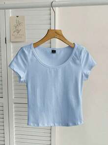 Camiseta ajustada de mujer de cuello de pico, manga raglán, color azul claro, estilo minimalista casual, 95% algodón - Celeste - Ver 7