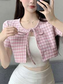 Camiseta de manga corta con nudo delantero y estampado de cuadros, top corto para mujeres - Rosa - Ver 10