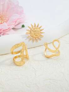 3pcs/Set Vintage Asymmetrical Sunflower Design Rings, Fashionable Versatile Rings Set For Women - Gold - View 3