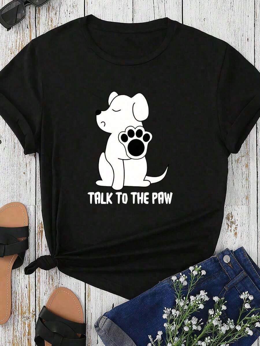 SimpieAndVersatileDesignPlayera de algodón suave para mujer, camiseta casual de manga corta con estampado de cachorro y el eslogan "Talk To The Paw" - Top de verano rosa suave con cuello redondo, lavable a máquina, camisetas para damas, ropa de uso diario, camiseta de corte relajado, tela cómoda. Estampado de pequeños animales adorables |     Camiseta corta y holgada que adelgaza |     Algodón puro, suave y no transpira mal |     Atuendo de colegialita dulce |     Fresco y versátil para el veranoCottonT-Shirt - Negro - Ver 1
