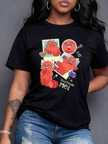 Drawing Of A Cute Smiling Red Panda That Conveys Joy And Youthful Energy With Details Of Stars And Colorful Ribbons, Comfortable And Modern Women's T-Shirt, Casual Short Sleeve. - 黑色 - 查看 1