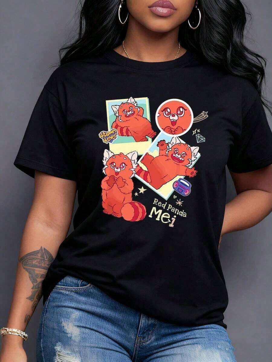 Drawing Of A Cute Smiling Red Panda That Conveys Joy And Youthful Energy With Details Of Stars And Colorful Ribbons, Comfortable And Modern Women's T-Shirt, Casual Short Sleeve. - 黑色 - 查看 1