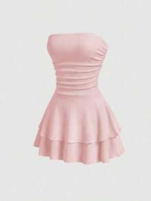 Vestido mini de punto sin tirantes de unicolor minimalista para mujer, vestido de pastel de múltiples capas - Rosa Pálido - Ver 8