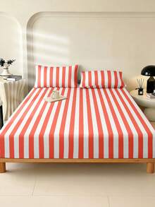 1 Set Minimalist Red & White Striped Fitted Bed Sheet, Includes 1 Valentines Day Mattress Cover, Fits King, Queen, Full & Double Beds, Soft & Comfortable Bedding Set, Deep Pockets Up To 30cm, Breathable & Wrinkle-Resistant, Machine Washable - Red - View 2