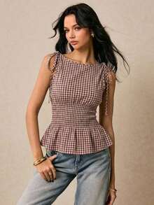 de peplum con smock a cuadros para mujer - Blusa sin mangas con lazos de contraste en los hombros, cintura ceñida estilizadora, top de tirantes casual y elegante a cuadros marrones para el trabajo, el brunch y las vacaciones, Top sin mangas - Multicolor - Ver 3
