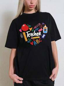 Camiseta de Mujer WOOAVIVA Suave 100% Algodón, a la Moda para Verano, Estilo Y2K Cleanfit, Casual, Ajustada, Colorida, Diseño Maestro ABC, Regalo Perfecto para Maestros, Profesores Escolares, Regreso a Clases, Agradecimiento a Maestros, Casual, Perfecta para Todas las Temporadas, Blusa para Mujer con Estampado. - Negro - Ver 1