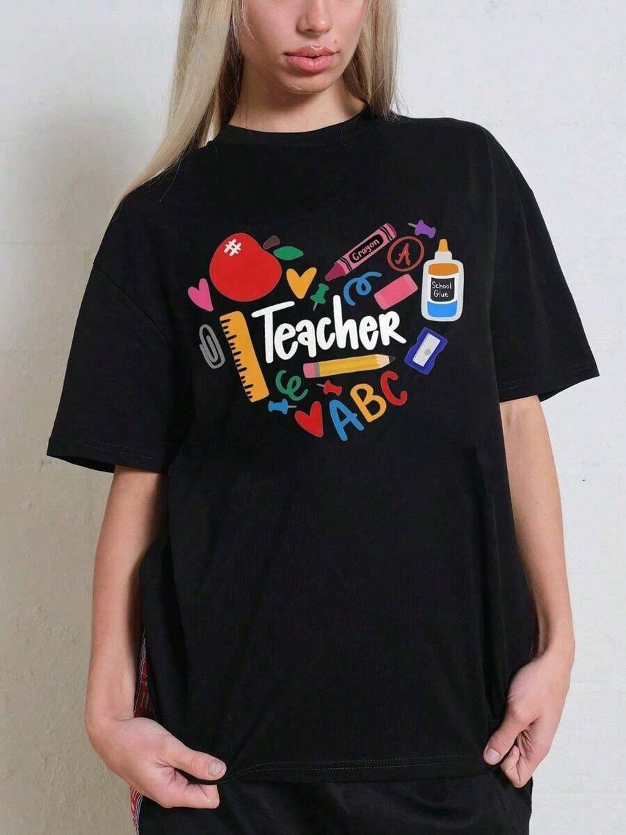 Camiseta de Mujer WOOAVIVA Suave 100% Algodón, a la Moda para Verano, Estilo Y2K Cleanfit, Casual, Ajustada, Colorida, Diseño Maestro ABC, Regalo Perfecto para Maestros, Profesores Escolares, Regreso a Clases, Agradecimiento a Maestros, Casual, Perfecta para Todas las Temporadas, Blusa para Mujer con Estampado. - Negro - Ver 1