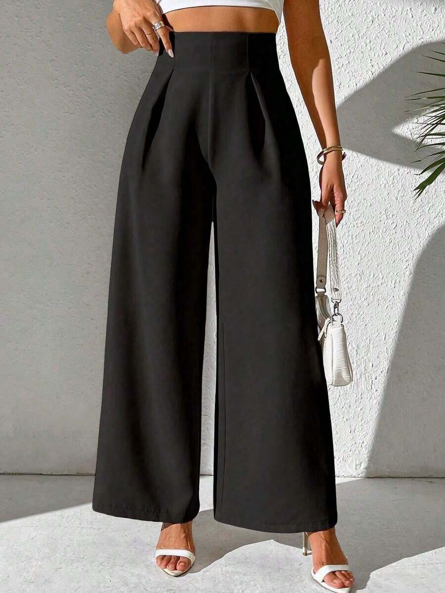 Pantalones anchos casuales de mujer con tela de unicolor texturizada - Negro - Ver 1