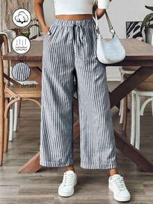 Pantalones sueltos holgados de mujer con estampado de rayas, cintura con cordón y bolsillos, versátiles - Azul marino - Ver 12
