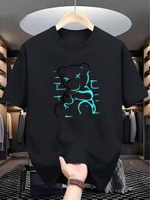Camiseta de Verano 2025 Nueva Casual Versátil con Estampado de Oso y Letras, Cuello Redondo - Negro - Ver 1
