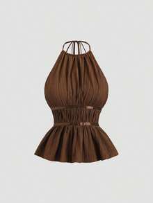 Conjunto de 2 piezas estilo francés relajado con camiseta sin mangas de cintura ceñida y pantalón ancho de pierna holgada, un conjunto de moda para mujeres - Café integral - Ver 7