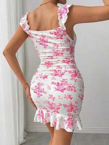 Vestido con estampado floral, volantes y bajo sexy para mujer - Rosa - Ver 2