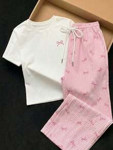 2 piezas Conjunto de top de manga corta con estampado floral bordado falso y rayas y pantalones a rayas, atuendo casual adecuado para el uso diario, citas, fiestas, otoño/invierno/verano, Navidad, Año Nuevo, Acción de Gracias, fiestas, bodas, - Multicolor 7 - Ver 6