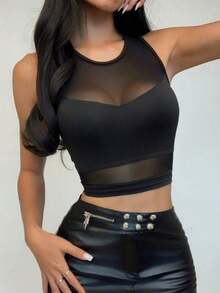 Top deportivo de malla transparente minimalista para mujer - Negro - Ver 6