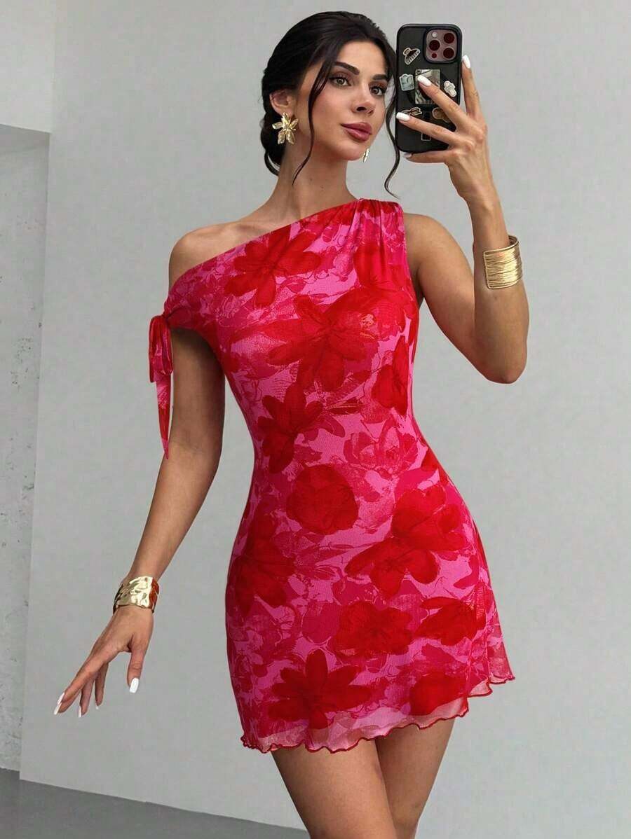 mini de vacaciones elegante y sexy con hombro asimétrico y floral nuevo para mujer en verano, vestido floral de malla, vestido de cuello asimétrico, ropa de primavera/verano, atuendo de playa, elegante, sexy, vacaciones, playa, Hawái, cita - Rosa Fucsia - Ver 1
