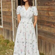 Women's Summer French Elegant Casual Design Lace Patchwork V-Neck Short Sleeve Waist Cinched Long Textured Print Casual Dress Women's Floral Midi Dress Elegant Floral Dress - Rosa Pálido - Ver 5
