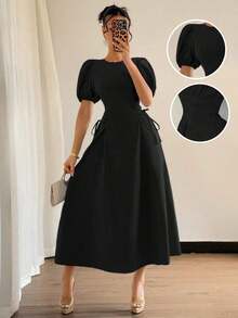 Vestido elegante y romántico para vacaciones de boda de verano 2025 en azul francés regular, con hombros sueltos, mangas abullonadas, cintura drapeada y lazo lateral ajustado - Negro - Ver 6