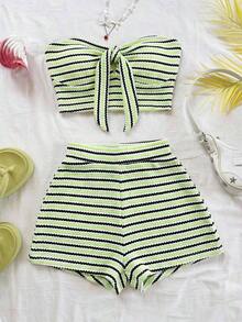 2 piezas Conjunto de top corto a rayas y shorts de cintura alta para mujer, adecuado para vacaciones, citas, té de la tarde, playa, crucero, viaje a la ciudad, festival de música, estilo bohemio de playa - Verde - Ver 4