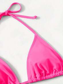 Women's Simple Solid Color Swim Bikini With A Halter Neck And Cutout, Suitable For Beach Vacations And Summer. - Old Rose 2 - View 5