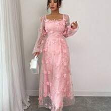 Elenzya Women's Elegant Retro Charming Princess Gentle Lady Net Yarn Long Sleeve Square Collar Waist A-Line Fluffy Hem Solid Color 3D Floral Embroidered Net Dress Fall Cloth For Women - Negro - Ver 6