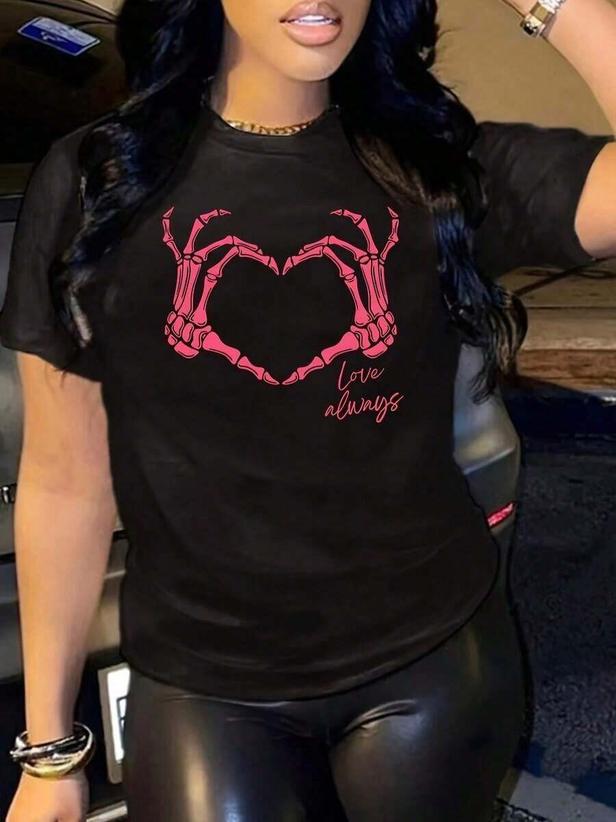 Camiseta con Estampado Gráfico de San Valentín, Cuello Redondo, Camiseta Casual de Manga Corta para Primavera y Verano, Ropa de Mujer - Negro - Ver 1
