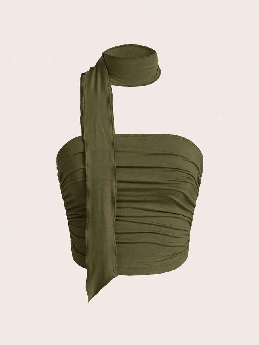Parte superior de punto fruncida de unicolor + Gargantilla, Primavera/Verano, Parte superior elegante, Parte superior para salir, Playa, Campo, Parte superior casual, Elegante, Ropa de cumpleaños, Parte superior estilo bohemio, Parte superior f - Verde militar - Ver 1