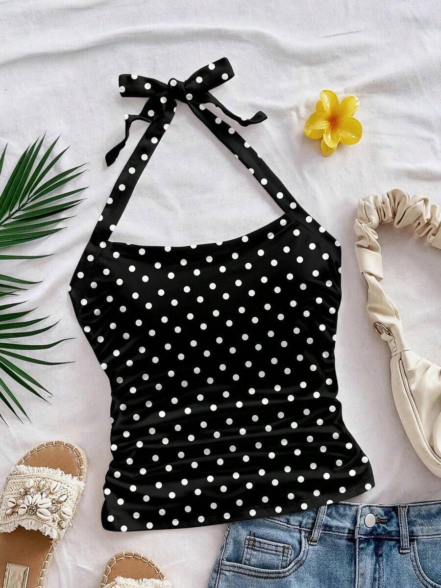 Parte superior corta ajustada con cuello de halter casual para vacaciones de mujer, verano de mujer, sin espalda, ropa de vacaciones de mujer, lunares, primavera de mujer, verano, parte superior para salir de mujer, vacaciones de mujer - Negro - Ver 1