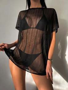 Swim Vcay Cubierta/chal De Manga Corta De Malla Transparente - Negro - Ver 5