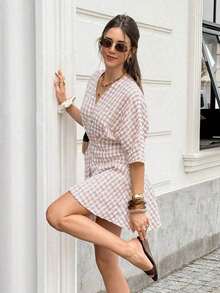 Vestido corto casual y de viaje con cuello en V y estampado de cuadros para mujer - Albaricoque - Ver 6