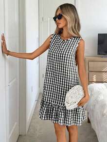 Vestido de verano estilo bohemio con cuello redondo sin mangas y corte evasé a dos colores a cuadros, vestido esencial para vacaciones y uso diario al aire libre - Blanco y Negro - Ver 4