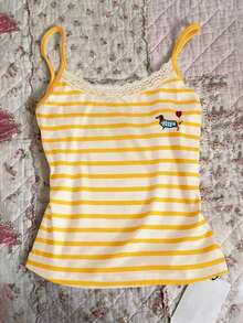 Camiseta de tirantes de mujer con bordado de perro salchicha, corazón y rayas con encaje de contraste - Multicolor 4 - Ver 1