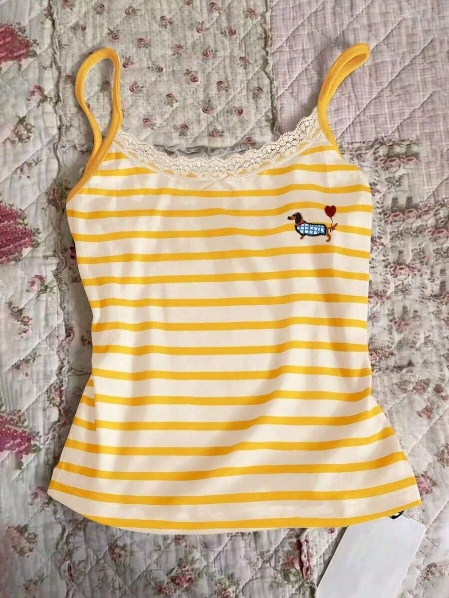 Camiseta de tirantes de mujer con bordado de perro salchicha, corazón y rayas con encaje de contraste - Multicolor 4 - Ver 1