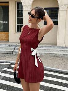 Vestido coreano de mujer con estampado de lunares, lazo y tirantes versátil y de moda - Burdeos - Ver 6
