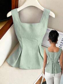 Camisa sin mangas elegante con cuello cuadrado, cintura atada y rayas para el verano 2025 - Verde - Ver 8